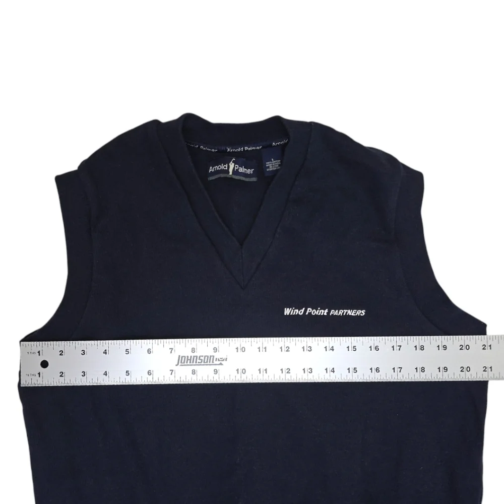 Vintage Arnold Palmer Knit Sweater Vest Navy Blue L Cotton Wind Point 80s Golf - Picture 3 of 6